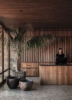 a woman sitting at a counter in front of a palm tree