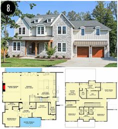 two story house plans with garage and living room on the first floor are shown in this image