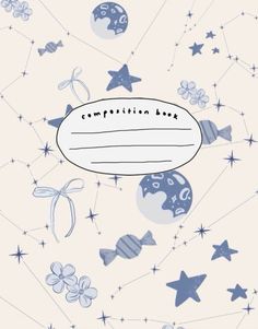 a blue and white book cover with stars, moon and other objects on it's side