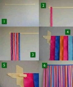 the instructions for how to make a curtain from strips of colored tissue paper and duct tape