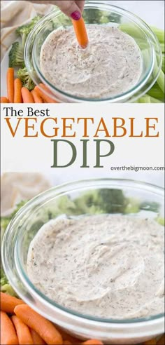 the best veggie dip in a glass bowl with carrots and celery