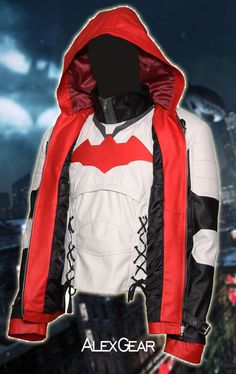 a red and white jacket with the batman symbol on it's chest, in front of a cityscape