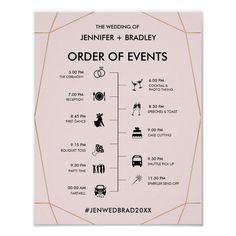 an order of events poster for the wedding of jennifer and bradley