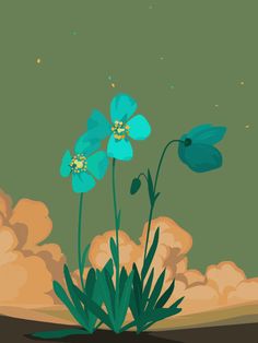 two blue flowers are in the middle of some green grass and clouds with stars above them