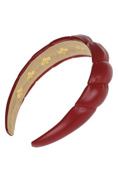 Top off your look with this padded headband wrapped in faux leather for a subtly edgy vibe. 1 1/2" width 40% polyurethane, 30% urethane, 30% plastic Spot clean Imported Fitted Red Headband Headpiece, Red One-size Headscarf In Headband Shape, Affordable Red Band Headband, Red Fur Headband, Red Adjustable Fun Headband, Headband Wrap, Leather Headbands, Padded Headband, Ruby Red