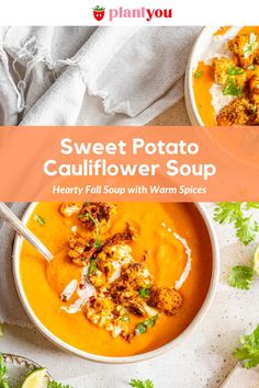 two bowls of sweet potato cauliflower soup with garnishes on the side