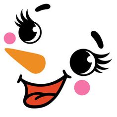 the face of a smiling snowman with pink cheeks and orange nose is drawn in black on a white background