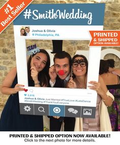 three people holding up a photo booth with the words'smittswedding'on it