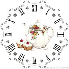 a drawing of a teapot with flowers and pastries in front of the clock