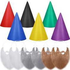 a group of different colored hats with long hair