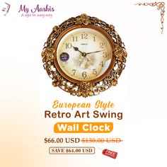 an advertisement for the european style retro art swing wall clock