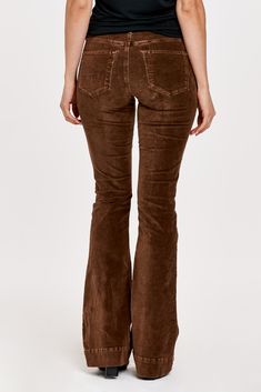 High rise flare leg jeans. It's the lovable fit that sits slightly lower on the waist and fitted skinny in the hips through the knee. Full inseam on stretch velveteen brushed for softness in designer color palettes, accented with wide hem opening.9 1/2" Front Rise (include waistband), 21" Leg Opening, 34" inseam (Size 27) 98% COTTON 2% SPANDEX Machine wash cold, Tumble dry low Imported Zip fly and button closure Five-pocket style Trendy Full Length Fall Flares, Trendy Full-length Flares For Fall, Trendy Full Length Flares For Fall, Trendy Full-length Fall Flares, High Rise Cotton Flares For Fall, Brown Wide Leg Pants With Five Pockets, Brown Wide-leg Pants With Five Pockets, Casual High Waist Flares For Fall, Casual High-waist Flares For Fall