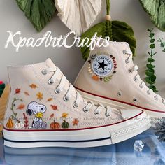 Cute Dog Converse, Custom Peanuts Dog's Embroidery Converse, Dog Autumn Embroidery Converse, Autumn Gift For Her, Converse Fall Vibes ❤️ WELCOME  ❤️   Thank you for visiting my store and taking the time to read these descriptions!!   The store's inventory will be regularly updated.   My store has been open since 2020. All of the items in the store are hand-embroidered by me. I can embroider patterns such as flowers, pets, mushrooms, and so on...   It is definitely a meaningful gift. I hope you a Snoopy, Ghibli Cartoon, Jiji Cat, Phil Hartman, Dog Autumn, Sassy Attitude, Autumn Embroidery, Embroidered Converse, Converse Custom