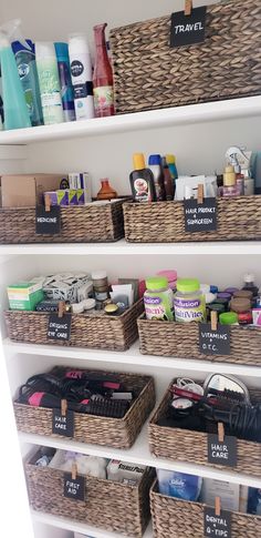 the shelves are filled with different types of personal care products and toiletries in baskets