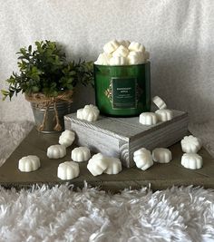 some marshmallows are on top of a book and a potted plant