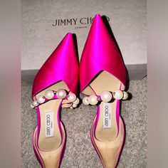 Jimmy Choo Aurelie 85 Fushia Pink Satin Pump. This Beauty Is Nicely Worn, No Scratches Or Tear On Heels Or Satin Top, Comes With Extra Heels, Box, Dustbag, Receipt Luxury Pink Heels With Sculpted Heel, Luxury Pink Satin Heels, Pink Slip-on Heels With Sculpted Heel, Hot Pink Designer Heels, Jimmy Choo Heels Pink, Satin Pumps, Satin Top, Pink Heels, Pink Satin