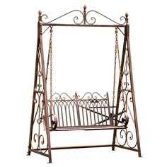 a metal swing bed with an iron frame and foot rests on a white background,