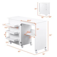 an image of a white desk with drawers and wheels on it's side, measurements