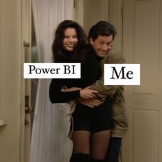 a man and woman hugging each other with the words power bi me in front of them