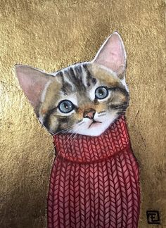 a painting of a cat wearing a red sweater and looking up at the camera with blue eyes