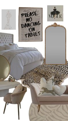 a bedroom with an animal print rug, chair, mirror and other items in it