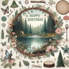 a birthday card with an image of a lake surrounded by flowers and trees, butterflies