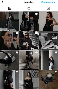 a collage of photos showing different women in black outfits and accessories, including shoes