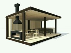 a 3d rendering of a house with an outdoor kitchen and dining area