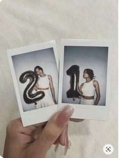 two polaroid photos with the number twenty and one woman in white top holding up an i - letter balloon