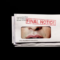 a close up of two envelopes with a fake nose on one side and the words final notice printed on the other