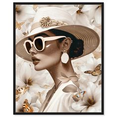 a woman wearing sunglasses and a hat surrounded by white flowers with butterflies in the background