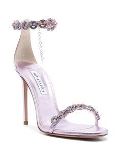 lavender purple calf leather metallic effect crystal embellishment open toe buckle-fastening ankle strap branded leather insole high stiletto heel Shoe List, Purple Slippers, Aquazzura Sandals, Heels Purple, Dress Reference, Aquazzura Heels, Maria Isabel, Aquazzura Shoes, Purple Heels