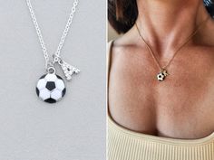 a woman wearing a necklace that has a soccer ball on it and an elephant charm