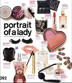 a magazine cover with lots of different items on the front and back pages, including lipstick, eyeliners, makeup