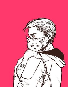 a drawing of a man with a cat on his shoulder in front of a pink background