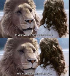 the lion and the girl are talking to each other