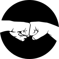 two hands touching each other in front of a black and white circle with the word love on it