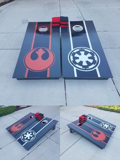 two star wars themed cornhole game boards laying on the ground and one is empty