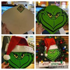 the grin face has been made into a christmas hat and is ready to be put on display