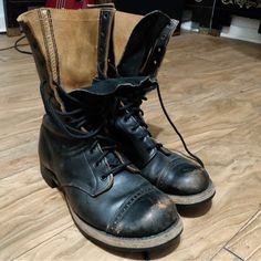 Vintage U.S. Army Combat Boots, Likely 1950s Paratrooper Boots With Bf Goodrich Rubber Soled. Excellent Condition With Some Aesthetic Wear. Black Leather Upper, Leather And Rubber Soles. These Are Beautiful And Sturdy Boots, However The Sizing Is Where Things Get Tricky: Marked Size 6e, With Bottom Sole Stamped As 10 1/2. Width Is 3 1/4”, Length 10 1/2”. I Wear Women’s Shoe Size 6.5 And These Boots Are Too Longthe Size Maybe Closer To A Woman’s 8 But I Really Don’t Know How Military Shoe Sizing Works. My Boyfriend Wears A Men’s Shoe Size 10 And The Boots Are Too Small/Short For Him. 80s Boots, Paratrooper Boots, Vintage Combat Boots, Rugged Fashion, Army Combat Boots, Aesthetic Wear, Military Shoes, Industrial Boots, Old Boots