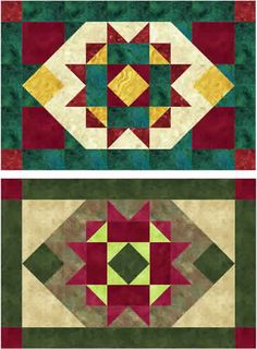 two quilts with different designs on them, one is green and the other is red