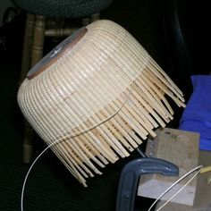 a basket sitting on top of a chair next to a pair of pliers