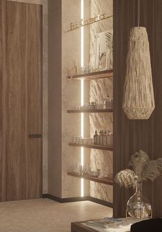 a living room filled with furniture next to a wooden wall mounted shelf covered in candles