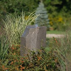 a large rock sitting in the middle of a garden next to tall grass and flowers