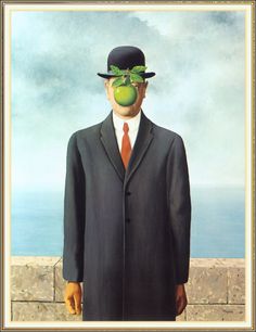 a painting of a man in a suit and tie with an apple on his face