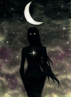 the silhouette of a woman with long hair and glowing eyes stands in front of stars