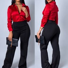 Silk Long Sleeve Blouse, Shirt Womens Red Top Office Outfit, Red Shirt Outfit Work, Red Silk Shirt Outfit, Red Office Outfit, Black And Red Outfit Classy, Red Formal Outfit, Red Work Outfit, Shein Work Outfits, Business Casual Outfits For Black Women