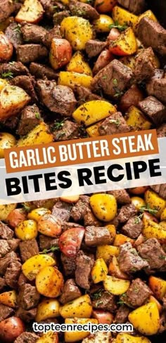 garlic butter steak bites recipe with text overlay