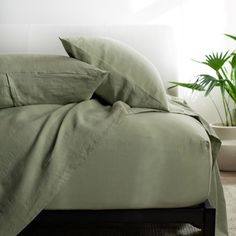 a bed with green sheets and pillows in front of a potted plant on the floor