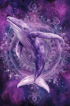 a painting of a dolphin in the middle of a purple and blue background with an intricate design